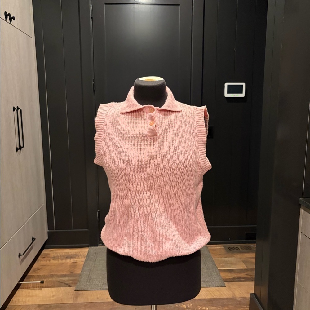 Vintage Pink Knit Sweater Vest | Collared Sleeveless Top | Made in USA